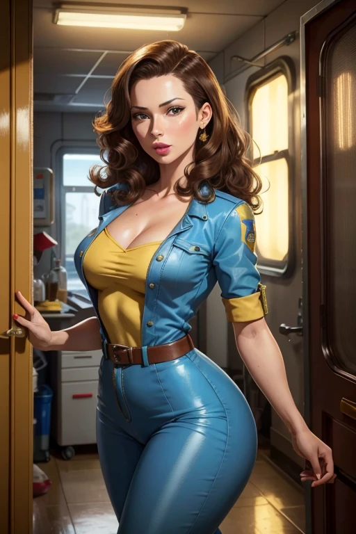 April O'Neal, blank background, yellow coverall, cleavage, no shirt, sfw
