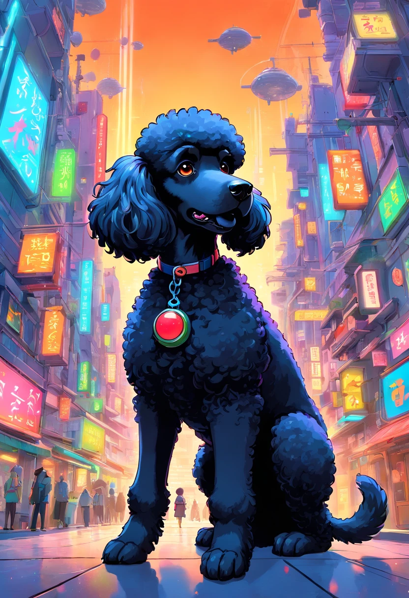 Black poodle in futuristic city