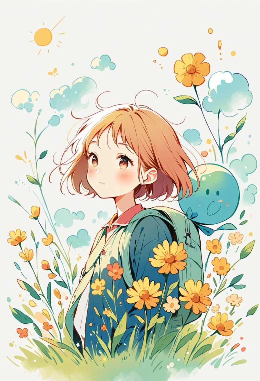Girl with backpack on rooftop,The backpack is filled with happy spring,Simple lines,Minimalism,abstraction,Lots of white space