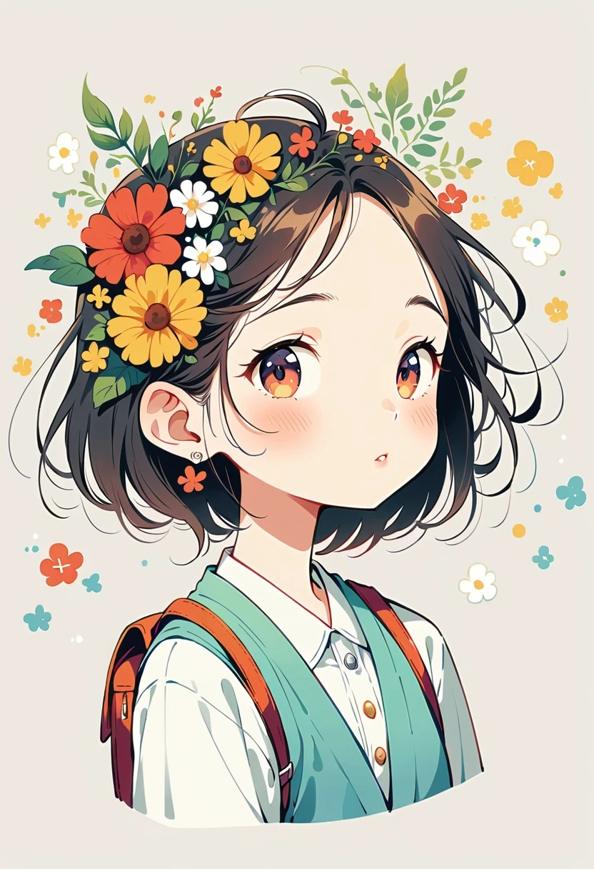 Girl with backpack on rooftop，The backpack is filled with happy spring，Simple lines，Minimalism，abstraction，Lots of white space