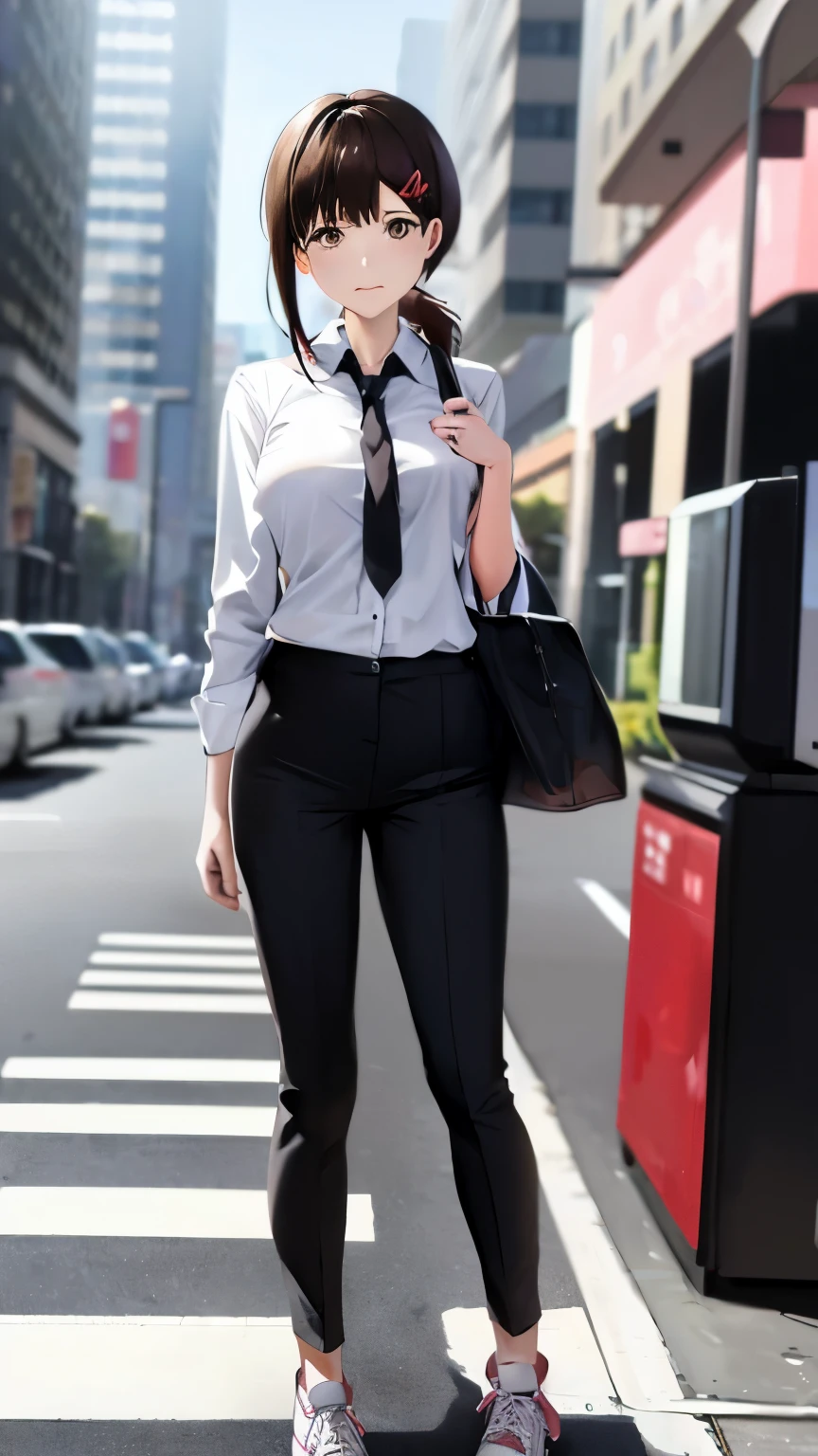 (SFW), (masterpiece:1.2), better quality, masterpiece, high resolution, The original, Very detailed wallpaper, (Ultra Detailed), (Best Illustration), (Best shadow), (realism), Small Breasts, Firm breasts, Business suit, Holding a knife, looks crazy, Crazy Eyes, Pathological, sweat, cry, blush, suit, Black Tie, White collar shirt, (Brown eyes), Cowboy shooting，（（whole body）），（（First person）），(((Wearing white sneakers)))。（（Stand in the middle of the street））((Long distance，Look at the audience））