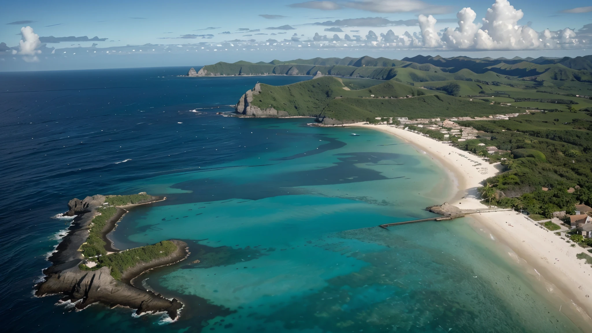 Imagine a spectacular aerial view captured by a drone, révélant des îles isolées dispersées dans un océan d&#39;un bleu profond. Every island is a tropical Eden, avec du sable fin encerclant leurs contours comme des auréoles dorées, contrastant magnifiquement avec l'azur de l'eau environnante. These islands are crowned with dense palm trees, whose green leaves add a richness of color and lively texture to the scene, evoking an oasis of tranquility and&#39;isolement parfait. Il est environ 17 heures, et le soleil, approchant de l'horizon, baigne le paysage d'une lumière dorée et douce. This end light&#39;afternoon accentuates the serene beauty of the islands, with the elongated shadows of the palm trees adding depth and dynamism to the view. Le contraste entre les zones ensoleillées et les ombres crée une dimension supplémentaire, showcasing the unique topography of each island. L'atmosphère est claire, permettant une visibilité parfaite des détails à couper le souffle des îles, depuis les ondulations du sable jusqu'aux vagues délicates frangeant les rivages. La vue d'ensemble offre une perspective unique sur la disposition naturelle et la beauté isolée de ces îles, invitant à la contemplation et à l'évasion. This image is designed to capture the&#39;essence de la découverte et de l&#39;wonder, representing the majesty and tranquility of the island landscapes seen from&#39;en haut. Les éléments naturels - l'eau, le sable, les palmiers, et la lumière du soleil de fin d'aprèidi - s'unissent harmonieusement pour créer une scène à la fois paisible et inspirante, symbolisant la beauté intacte et sauvage de la nature.