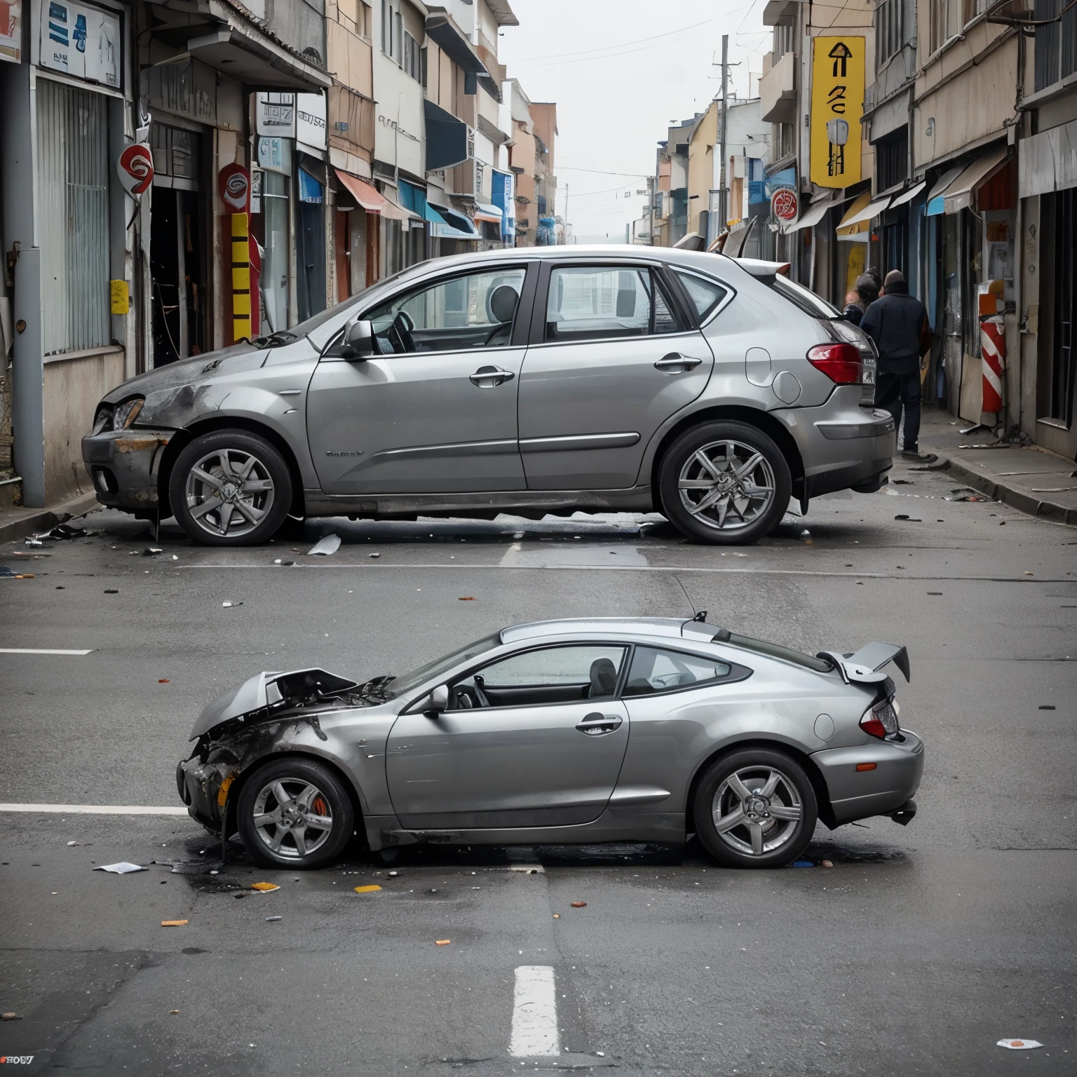 Create a pic of accident of hundai i ten car with silver grey color having number up22AA0341