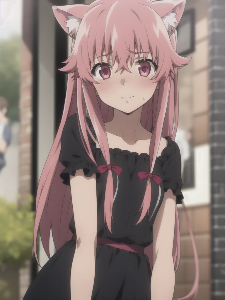 yuno_gasai, 1girl, solo, black strap dress, wolf ear, pointing at you, feel shy, face blushing