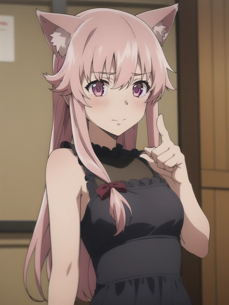 yuno_gasai, 1girl, solo, black strap dress, wolf ear, pointing at you, feel shy, face blushing