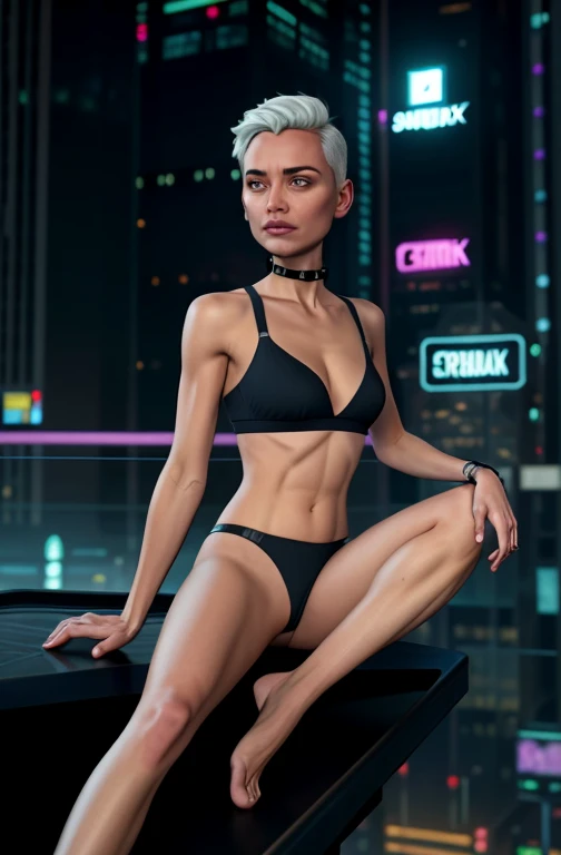 (dark theme:0.6), Glucose, 1 girl, One, short hair, Sitting on the edge of a skyscraper roof, Drone Photography,   draw up,  (paul zizka:1.2), White hair, pomade, decrease,  I look at the viewer, Grey eyes, blurred, in a bra, in a bikini, sexuality, long legs. crop top, (cyberpunk:1.3)(HDR:1.22), muted colors, complex background, hyper-detailed, Art [[Jordan Grimmer]]