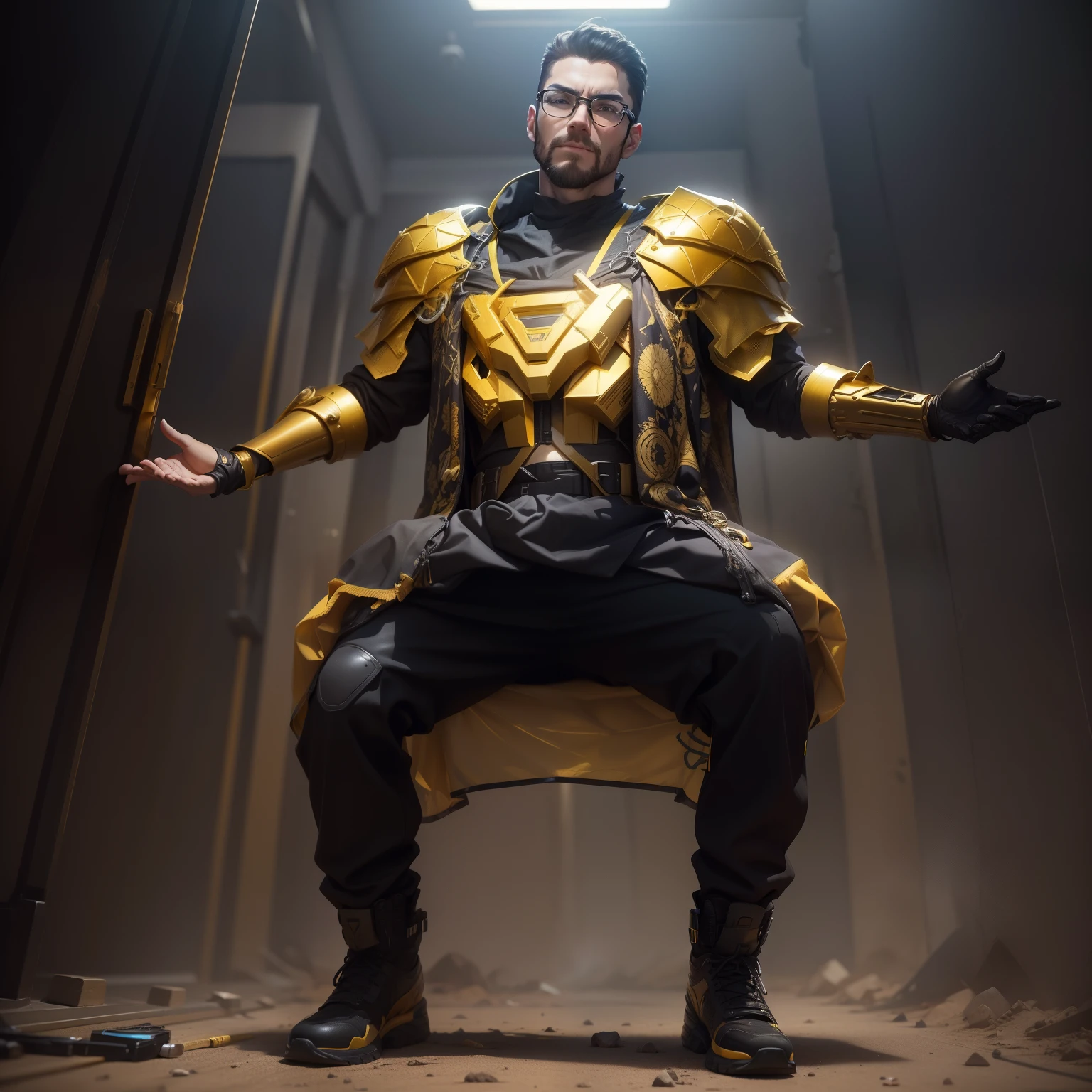 create absolutely realistic do not change the colors do not change the details of the face leave the glasses on the face leave the earphone on the ear strictly observe the proportions strictly observe the small details strictly adhere to the colors from the source Ultra quality 8K keep the yellow colors keep the transparency keep the transparency of the cloak keep the yellow inserts do not change the yellow Rates do not change the yellow colors do not replace the yellow colors on the face there is no mask light stubble do not add additional yellow color dark glasses on the face gold bets only on the shoulder pads But also on the sole yellow color yellow sole of the shoes glasses on the face dark glasses keep the metallic left hand the shoes themselves are black Keep the yellow keep the sole metal inserts on the chest maximum clarity maximum detail corresponds to the original image his hands are very detailed in accordance with the source image the left hand of the robot