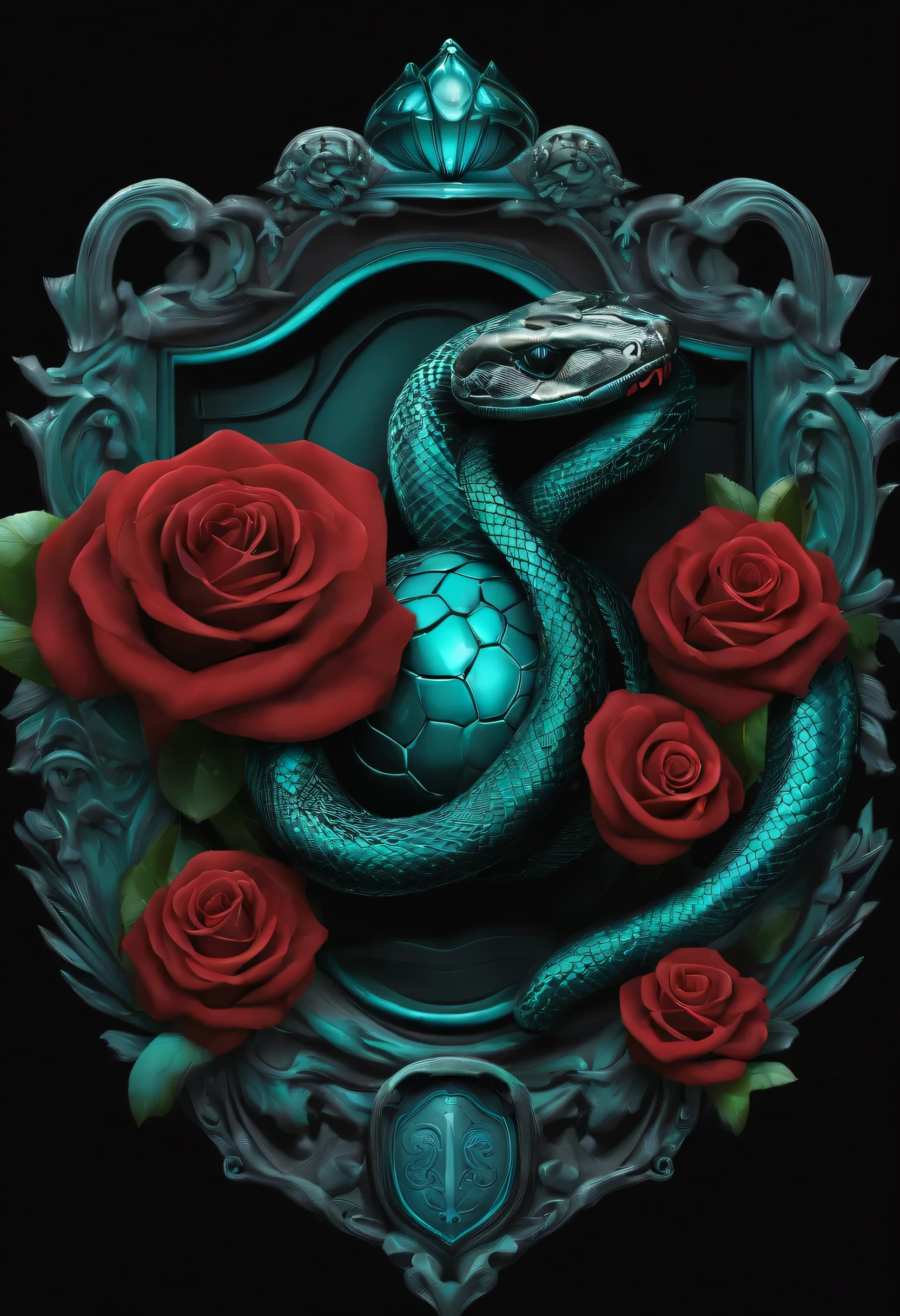 Create a soccer shield with the colors black and turquoise and in the middle a snake tangled in a crown and a rose 