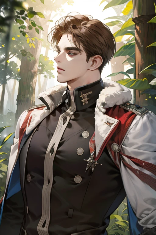 (absurdres, highres, ultra detailed), (1 male, solo, adult, mature, aged up, tall muscular guy, broad shoulders, handsome), wavy brown hair, green eyes, (angular jaw, thick neck, thick eyebrows), BREAK, forest, fantasy, Uniform, extremely detailed face, upper body,