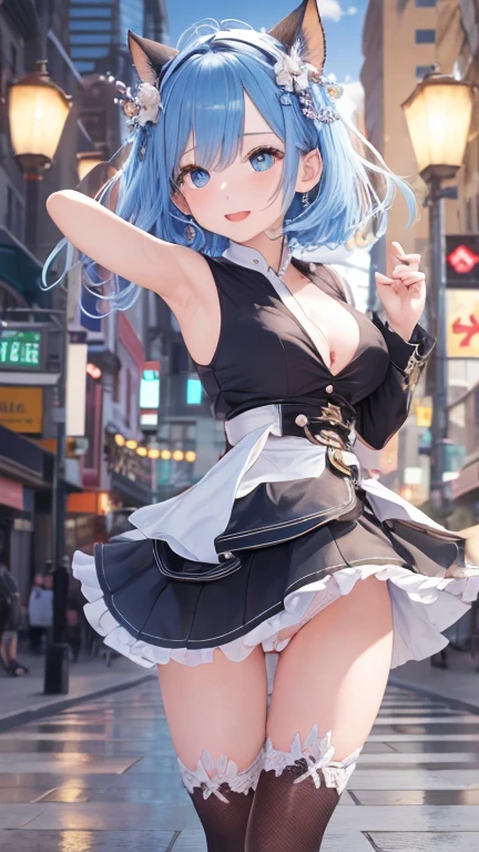 (masterpiece, highest quality:1.2), One Girl, alone,blonde、Upper body naked、Mid-chest、Black Knee High、Blue Hair、Nipple erection、Raise your hands and fold them behind your back、Drooling from the mouth、Half naked、Stand up and lift your legs、squint、Optical illusion、detailed、stand up、Standing on one leg、Lift your legs、whole body、whole、Lift your legs straight up、Put one foot on the ground、Blue Hair, Againm \(Again:zero\), [smile], blush, city,, masterpiece, highest quality, Perfect lighting, One girl, skirt, medium bAgainasts, masterpiece, Highest_quality, 1 person, solo, Hips, Big Ass, From the back, Light blue hair、Short hair、blue eyes、Againmu(Again:zero)、Drooling from the mouth、Open your mouth、Sticking out tongue