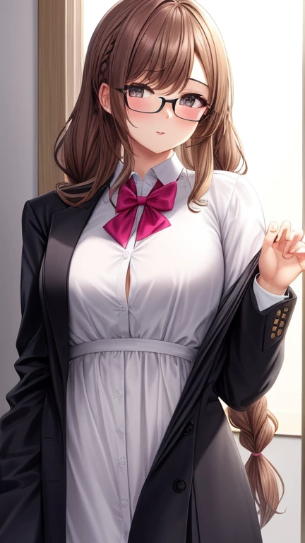 1 female、exact number of fingers、Accurate other numbers、bangs, ribbon ponytail, brown hair, (blush:1.1), , (Put your right hand into your panties:1.5), fingering, cum in mouth, while standing、lean against、(Put the fingers of your left hand in your mouth:1.3), In with black blazer, skirt、skirtは履いたまま、skirt lift,Leave your shirt and blazer on, Ribbon at collar, (shirt lift:0.2), (show off bra:0.5), (pink lace panties:1.2)、(pink lace bra:1.1), pink underwear, (exposed skin:1.3), beautiful big breasts, (erect nipples:0.9), (masterpiece:1.2), highest quality, High resolution, (detailed and beautiful eyes:1.6), highly detailed face, perfect lighting, Very detailed CG, (perfect hands, perfect anatomy),embarrassed expression、The look of holding back from going to the toilet, Feels good, Climax, school classroom