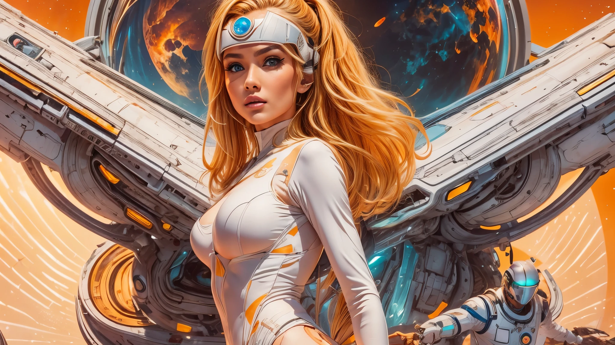 arafed image of a white woman in a futuristic suit with a spaceship in the background, movie art, in front of an orange background, inspired by Robert McGinnis, female protagonist, megastructure in the background, portrait of an ai astronaut, astronauts, an astronaut, portrait of a astronaut skeletor, perfect android girl, detailed eyes, perfectly detailed teeth, frank franzzeta and sakimichan  