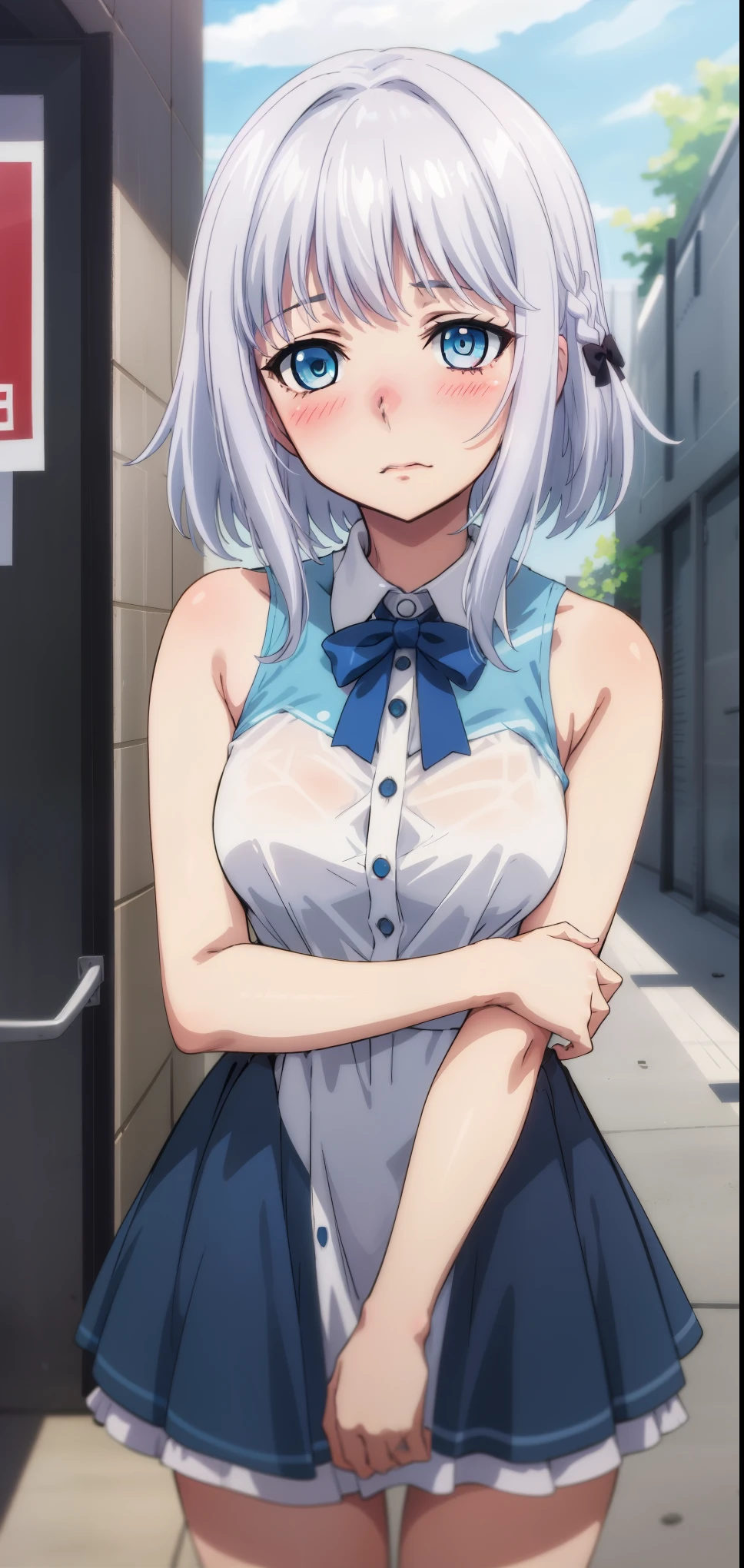 1 girl, kanon kanase, , blush, medium breasts, sleeveless, dress, cowboy shot, 20-year-old, healthy skin, blushed,