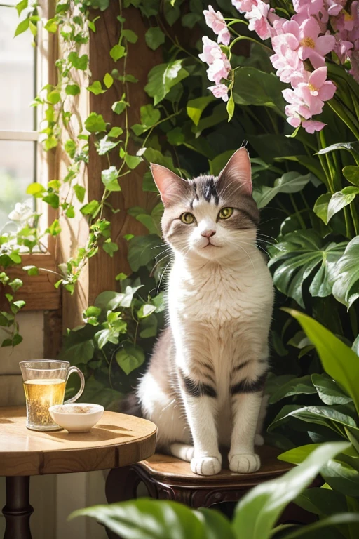 A cat with a sense of luxury,lazy looking cat,yawning cat,relaxing cat,stretching cat,fashionable cat,cat with a beautiful coat,curious cat
oil painting, fine art, detailed illustration,photorealistic painting, high-quality artwork, masterful masterpiece
decorative garden,fancy and cozy furniture,shimmering sunlight,floral background,sunlit garden,green and vibrant surroundings,
(best quality,4k,8k,highres,masterpiece:1.2),ultra-detailed,realistic, vivid colors,sharp focus
modern contemporary style,romantic scenery,vibrant and lively colors,serene atmosphere
warm ambient lighting,soft and gentle lighting,subtle shadows,soft sunlight, cozy atmosphere