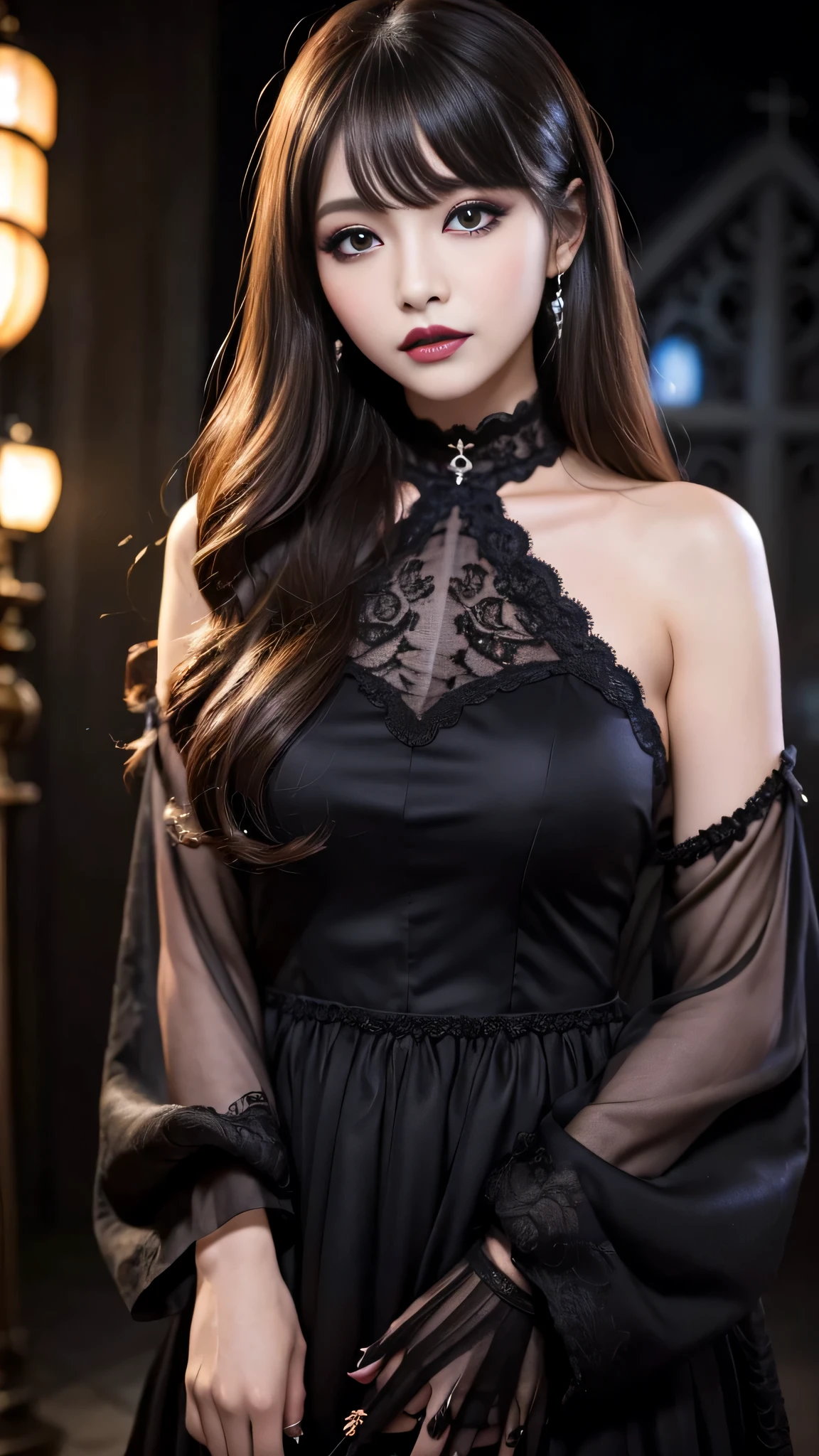 tra-detailed、Japanese、Attractive beauty、seductive adult woman、Pretty Woman、cool girl、brown hair、long wavy hair、swept bangs、piercing eyes、hollow eyes、half-closed eyes、Hollow Eyes、Purple Eyeshadow、black lipstick、black lip gloss、dark makeup、smirk、Evil expression、Black Party dress、Wide sleeves、Evil cadres、Fallen into evil、brainwash、mind control、evil、Church at night、Are standing、