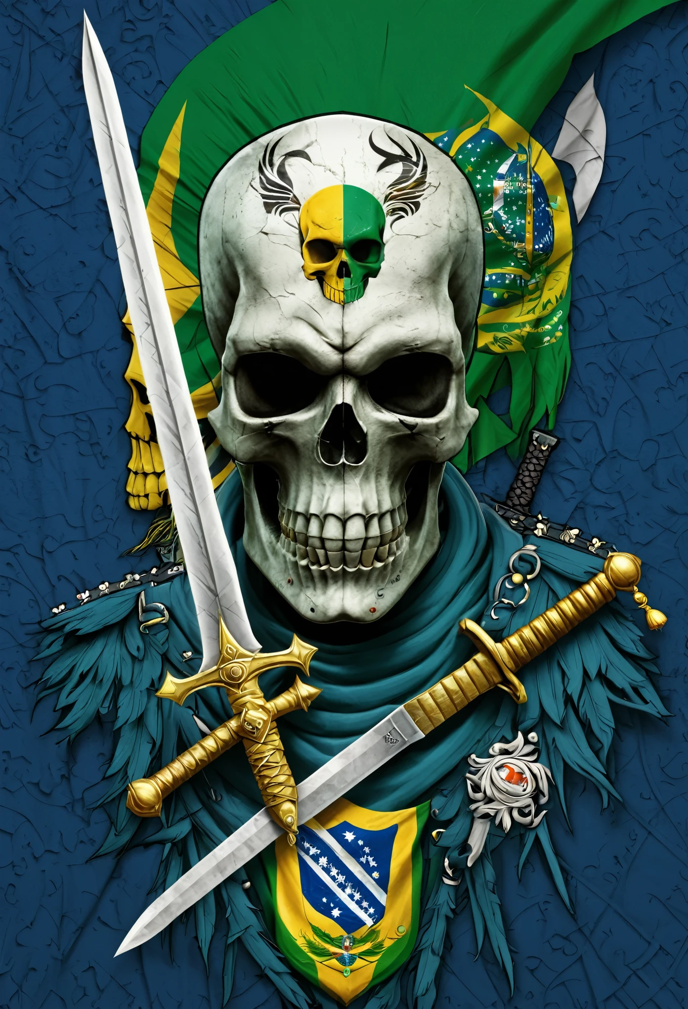 Rosto de uma caveira, with a sword passing behind the skull. A coat of arms written like BASV and a Brazilian flag in the background of the image.