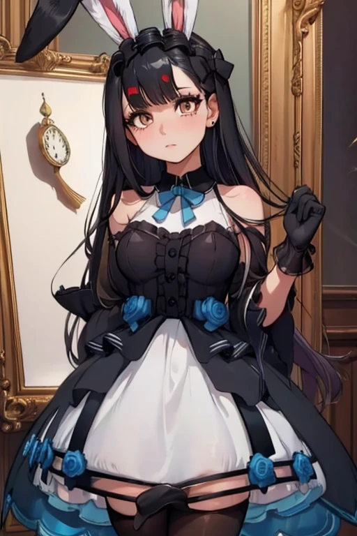 A black haired woman with brown eyes with an hourglass figure with black bunny ears in a cute lolita is tucking a piece of hair behind her ear