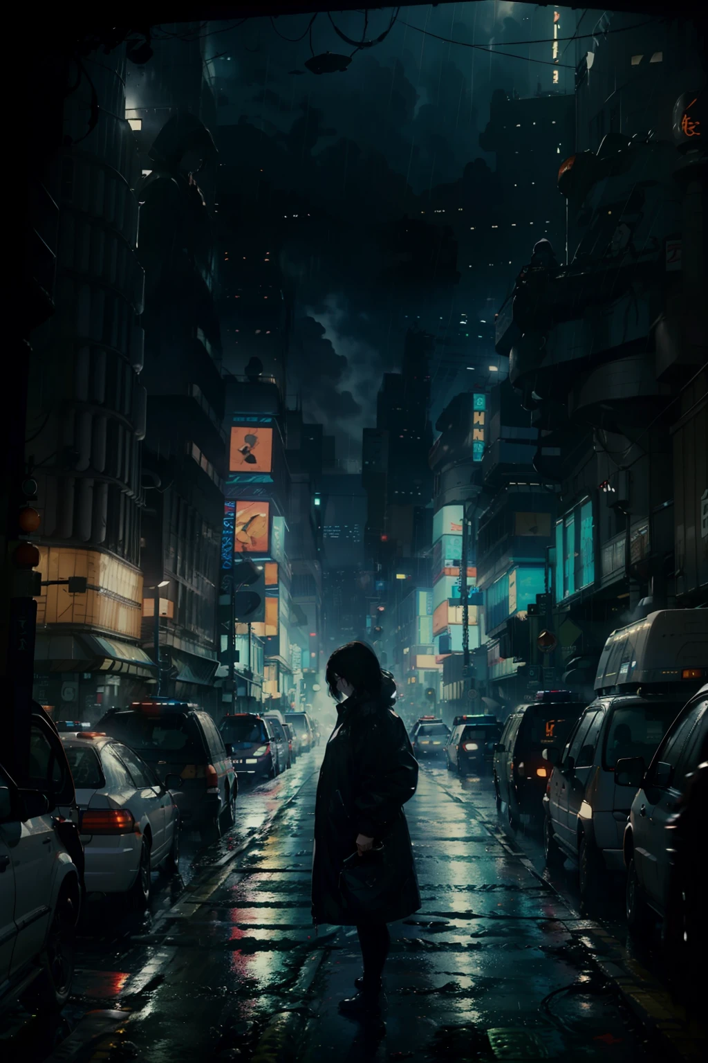 ((highest quality)), ((masterpiece)), (be familiar with), (High definition), (Accurate), (Realistic), (Cinematic), (Best Shadow), (Low contrast), (8K), Perfect Face, ((SYD MEAD style)), manga、mangaデザイン、Storyboard、Frame division、A woman standing in the middle of an intersection, (Replicant), (artificial human world), Wearing a raincoat、Wearing a hood、Hollow Eyes、Shibuya Scramble Crossing, There&#39;s a police officer、The car is jammed、congestion, congestion, NEO TOKYO, A.D.2051, (steam:1.2), It's raining white, evening, The sky is orange, Bust Shot