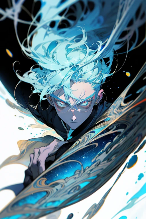 realismo, obra de arte, melhor qualidade, Beauty and Aesthetics, Muito detalhado, arte fractal, Colorida, Mais detalhado, emaranhado, fundo abstrato: 1.5, 1 menino: 1.3, Deus, cabelo branco, cabelo curto, olhos vermelhos brilhantes, misterioso, magical, gelo, homem bonito, asian style