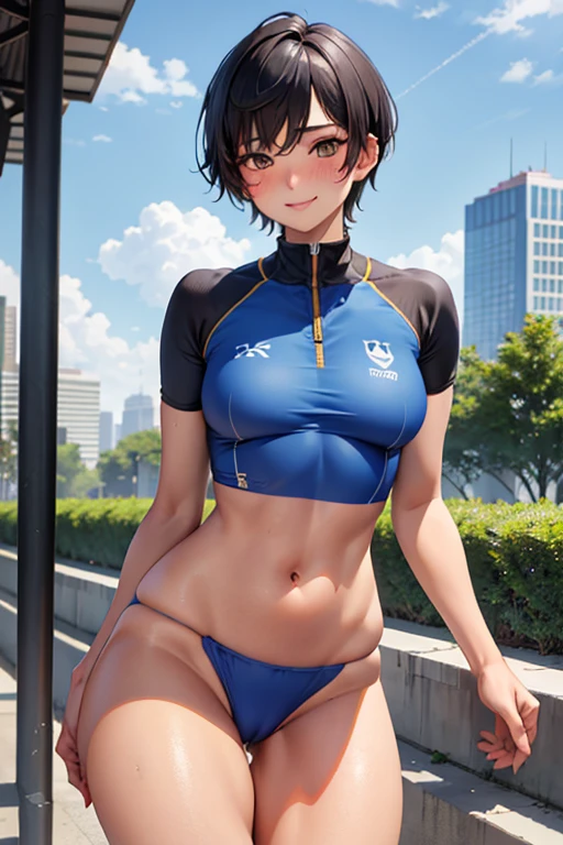 (best quality:1.1), (masterpiece:1.4), (absurdres:1.0), 1girl, (very short hair), ((tomboy hairstyle)),asymmetric hair, sporty hair, black hair, (medium chest), (tomboy), track and field girl, looking at viewer, outdoors, (blush:1.2), city, smile, hourglass figure, nice hips, wearing tight track and field uniform, midriff, nipple bulge, blue clothes, cameltoe, tanned,