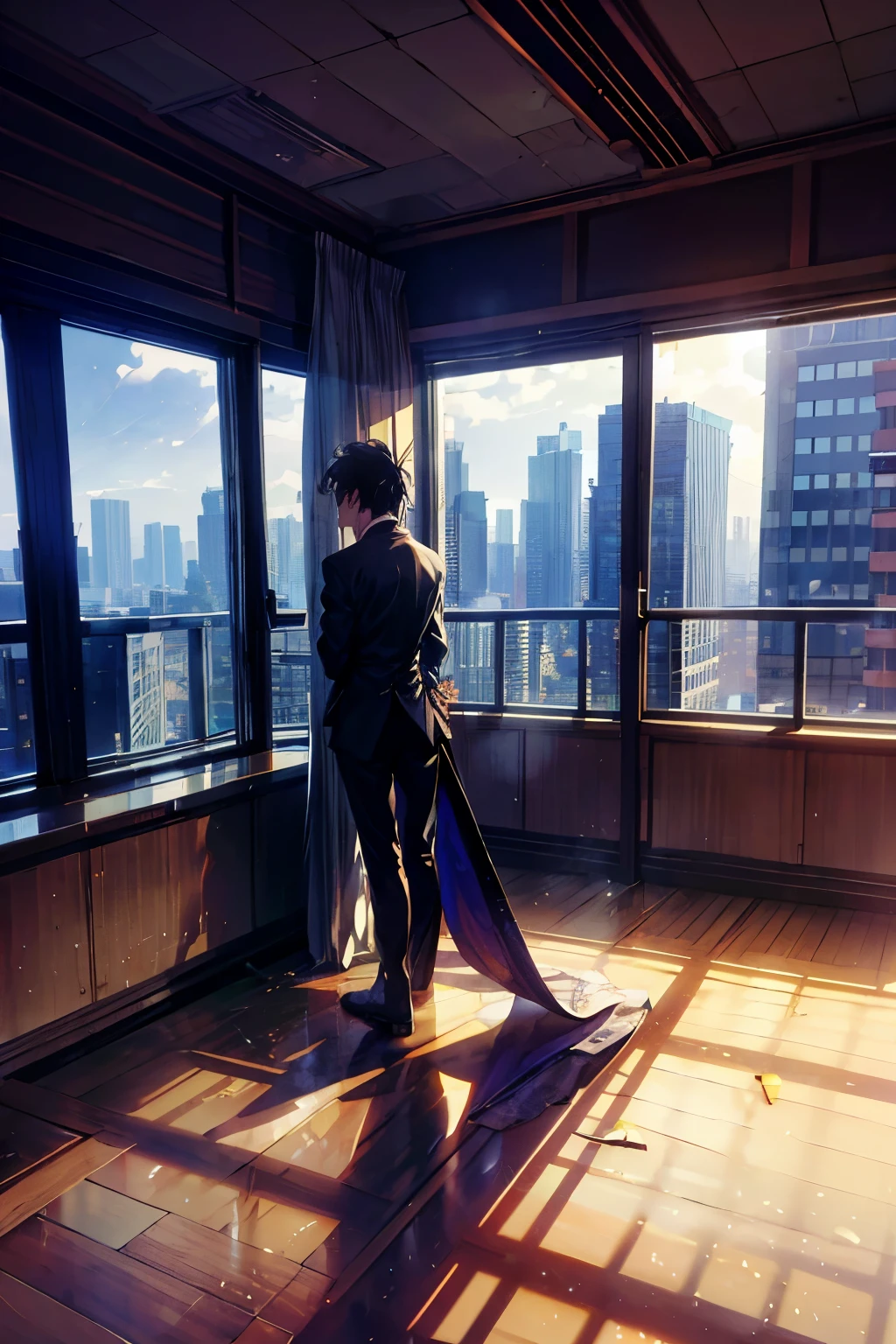 The room was bare, with no furniture or luggage, and the balcony had a balcony with silhouettes of buildings in the Shinjuku subcenter in the distance, and the afternoon sun was shining in through the windows. Two young men are smoking cigarettes and one is hugging the other from behind , humor,comic style,bold lines,