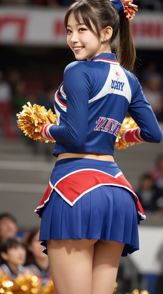 Panties visible through the skirt, (Japan Cheerleaders:1.3), gros-plan,  Photo, Big breasts, (12year old), Young face, Pretty Face, Raw photo, Best Quality, High resolution, (masutepiece), (Photorealistic:1.37), Professional Photography, Sharp Focus, nffsw, 8K resolution, Intricate details, depth of fields, Highly detailed CG Unity 8k wallpaper, Front light, NSFW, femele, girl, beautiful supermodel, Smile, slender, (Vibrant poses:1.3), Back view, thighs thighs thighs thighs, (poneyTail, scrunchie:1.3), Long, Taken from the ground