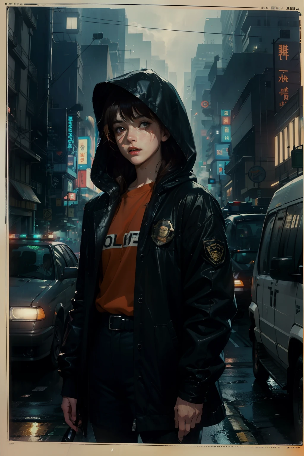 ((highest quality)), ((masterpiece)), (be familiar with), (High definition), (Accurate), (Realistic), (Cinematic), (Best Shadow), (Low contrast), (8K), Perfect Face, ((SYD MEAD style)), manga、mangaデザイン、Storyboard、Frame division、A woman standing in the middle of an intersection, (Replicant), (artificial human world), Wearing a raincoat、Wearing a hood、Hollow Eyes、(Scramble crossing), There's a police officer、The car is jammed、congestion, congestion, NEO TOKYO, A.D.2051, (steam:1.2), It's raining white, evening, (The sky is orange), (Close-up of face)、Bust Shot
