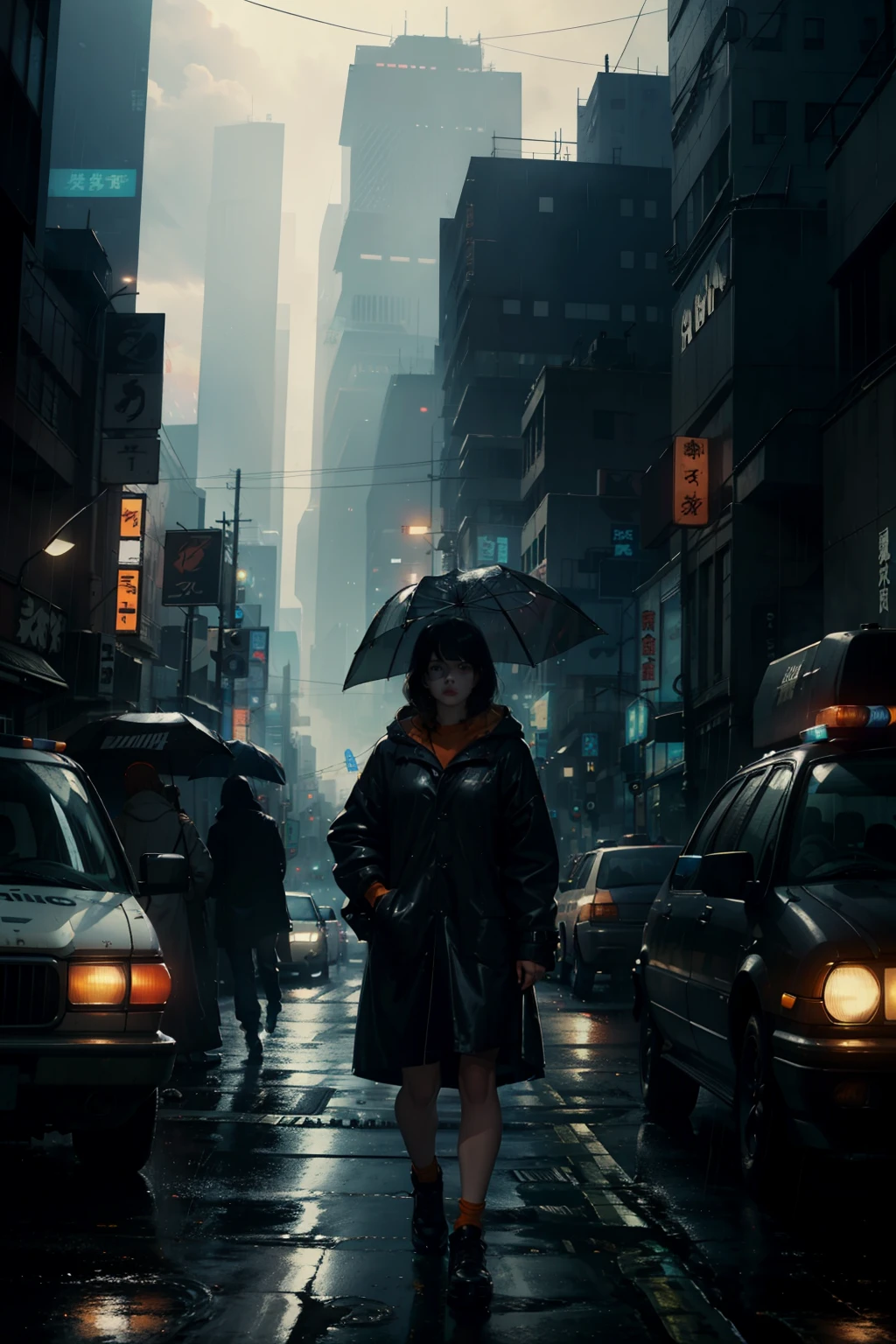 ((highest quality)), ((masterpiece)), (be familiar with), (High definition), (Accurate), (Realistic), (Cinematic), (Best Shadow), (Low contrast), (8K), Perfect Face, ((SYD MEAD style)), manga、mangaデザイン、Storyboard、Frame division、A woman standing in the middle of an intersection, (Replicant), (artificial human world), Wearing a raincoat、Wearing a hood、Hollow Eyes、(Scramble crossing), There's a police officer、The car is jammed、congestion, congestion, NEO TOKYO, A.D.2051, (steam:1.2), It's raining white, evening, (The sky is orange), (Close-up of face)、Bust Shot