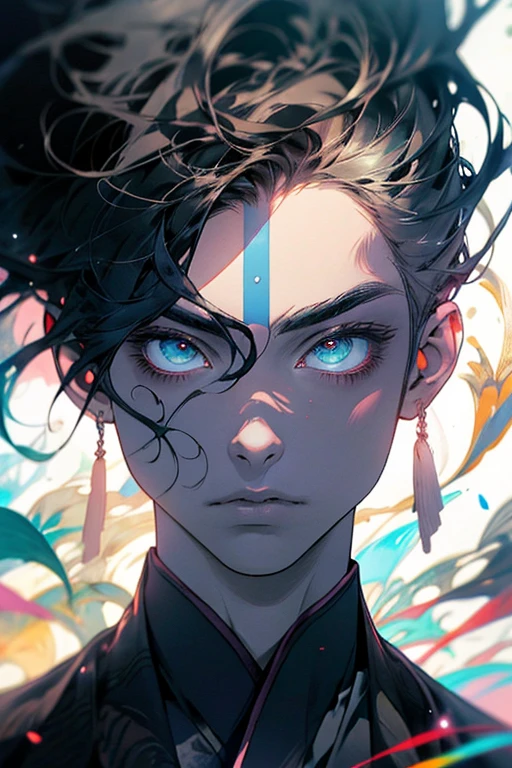 realismo, obra de arte, melhor qualidade, Beauty and Aesthetics, Muito detalhado, arte fractal, Colorida, Mais detalhado, emaranhado, fundo abstrato: 1.5, 1 : 1.3, Deus, cabelo branco, cabelo curto, olhos vermelhos brilhantes, misterioso, magical, gelo, homem bonito, asian style