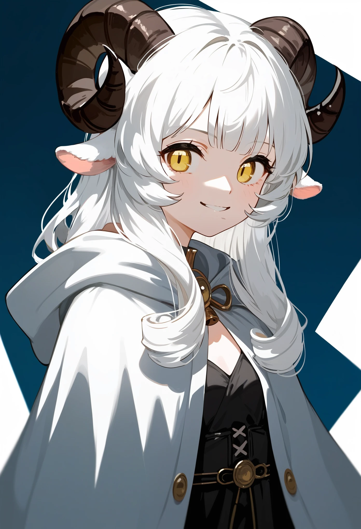 (score_9, score_8_up, score_7_up), 1girl, solo, (sheep horns, curled horns, black horns:), (black sheep ears), white hair, long hair, hime cut, long bangs, pale skin, yellow eyes, evil smile, smug, :>, small breasts, standing, (hooded cloak, cultist, dark robe), (white background, simple background), upper body, highres, detailed, best quality, masterpiece,