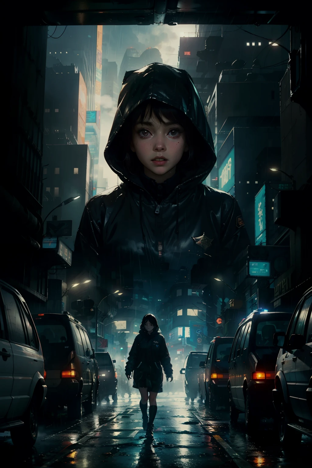 ((highest quality)), ((masterpiece)), (be familiar with), (High definition), (Accurate), (Realistic), (Cinematic), (Best Shadow), (Low contrast), (8K), Perfect Face, ((SYD MEAD style)), manga、mangaデザイン、Storyboard、Frame division、A woman standing in the middle of an intersection, (Replicant), (artificial human world), Wearing a raincoat、Wearing a hood、Hollow Eyes、(Scramble crossing), There's a police officer、The car is jammed、congestion, congestion, NEO TOKYO, A.D.2051, (steam:1.2), It's raining white, evening, (The sky is orange), (Close-up of face)、Bust Shot