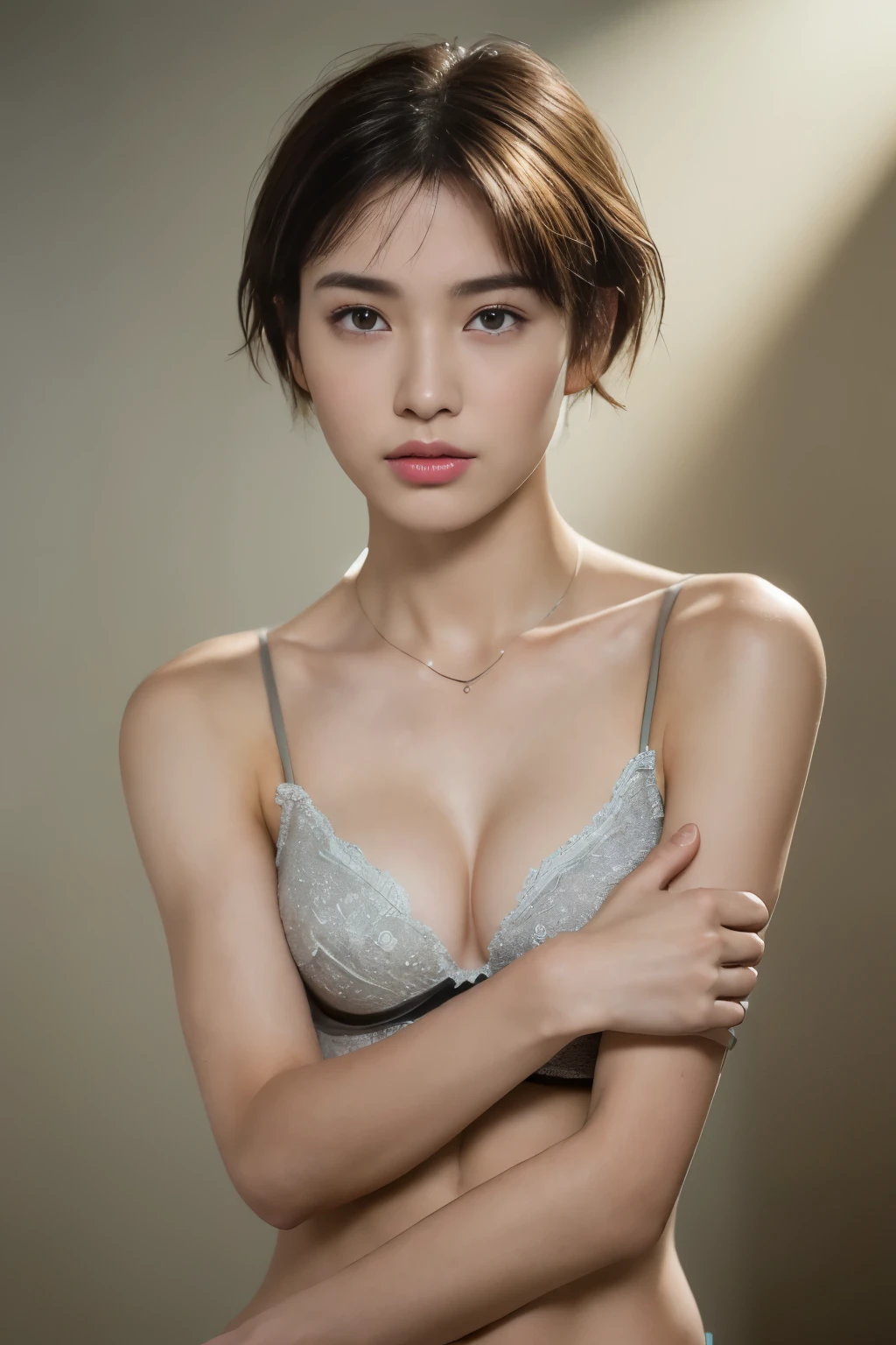 ((top-quality、8K、​masterpiece: 1.erfect Body Beauty: 1.4、Slender Abs: 1.2、Beautiful woman with slender abs:1.3、(Highlight Haircutreast B Cup:1.2), medium breast, round shape breast, perfect shape breast, ( portrait photography, studio light, ),   shirt and black bra, necklace, headphone, hyperdetailed face、18year old、 Pretty women、(Dark brown short-cut hair), Slim Face、Highly detailed facial and skin texture、very detailed lips、opens legs、top-quality、​masterpiece、超A high resolution、(Photorealsitic:1.4), walked forward confidently, long shot , solid color background