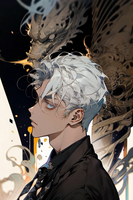 realismo, obra de arte, melhor qualidade, Beauty and Aesthetics, Muito detalhado, arte fractal, Colorida, Mais detalhado, emaranhado, fundo abstrato: 1.5, 1 : 1.3, Deus, cabelo branco, cabelo curto, olhos vermelhos brilhantes, misterioso, magical, gelo, homem bonito, asian style