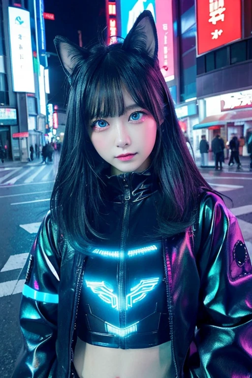 Futuristic cat-eared girl character、Draw Aimira。She has neon blue eyes.、Wearing cyberpunk-inspired accessories。Clothing is made of hologram material、It is designed in the image of IT technology.。The expression is curious、Please express a cheerful and energetic appearance。The backdrop is the futuristic city of neon Tokyo、Keep futuristic buildings and digital elements visible。8K、watercolor paiting、