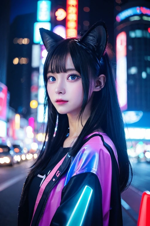 Futuristic cat-eared girl character、Draw Aimira。She has neon blue eyes.、Wearing cyberpunk-inspired accessories。Clothing is made of hologram material、It is designed in the image of IT technology.。The expression is curious、Please express a cheerful and energetic appearance。The backdrop is the futuristic city of neon Tokyo、Keep futuristic buildings and digital elements visible。8K、watercolor paiting、