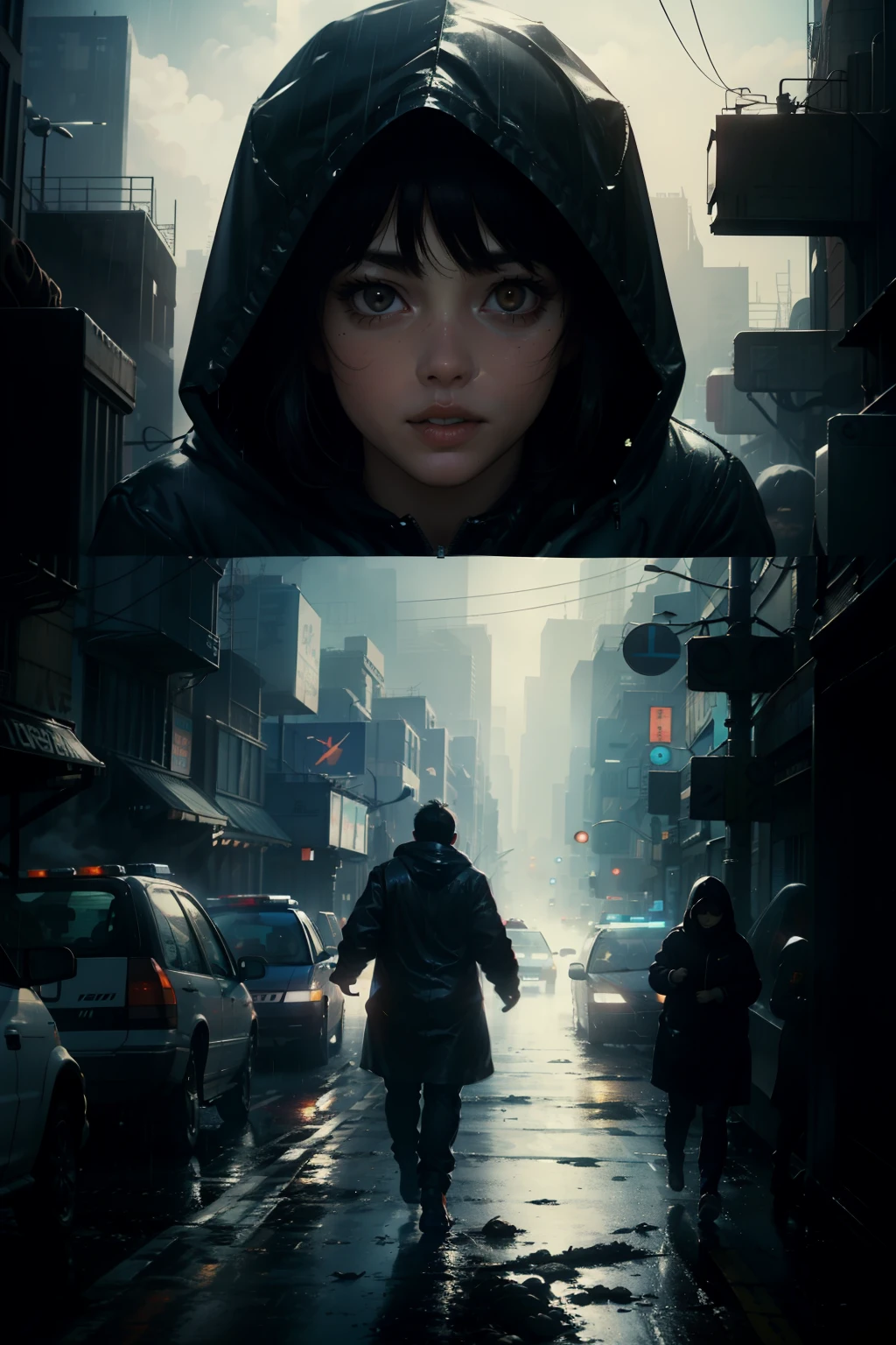 ((highest quality)), ((masterpiece)), (be familiar with), (High definition), (Accurate), (Realistic), (Cinematic), (Best Shadow), (Low contrast), (8K), Perfect Face, ((SYD MEAD style)), manga、mangaデザイン、Storyboard、Frame division、1 Female, (Replicant), (artificial human world), (On the run:1.2 )、Wearing a raincoat、Wearing a hood、Hollow Eyes、(Scramble crossing), Being chased by police、The car is jammed、congestion, congestion, Future City, NEO TOKYO, A.D.2051, (steam:1.2), It's raining white, evening, (The sky is orange), (Close-up of face)、Bust Shot