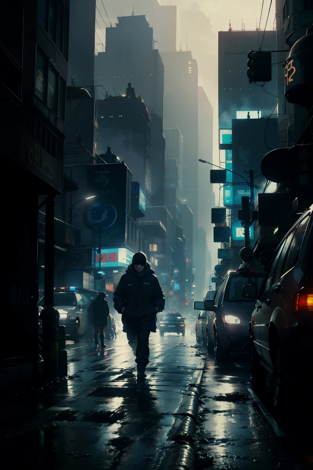 ((highest quality)), ((masterpiece)), (be familiar with), (High definition), (Accurate), (Realistic), (Cinematic), (Best Shadow), (Low contrast), (8K), Perfect Face, ((SYD MEAD style)), manga、mangaデザイン、Storyboard、Frame division、1 Female, (Replicant), (artificial human world), (On the run:1.2 )、Wearing a raincoat、Wearing a hood、Hollow Eyes、(Scramble crossing), Being chased by police、The car is jammed、congestion, congestion, Future City, NEO TOKYO, A.D.2051, (steam:1.2), It's raining white, evening, (The sky is orange), (Close-up of face)、Bust Shot