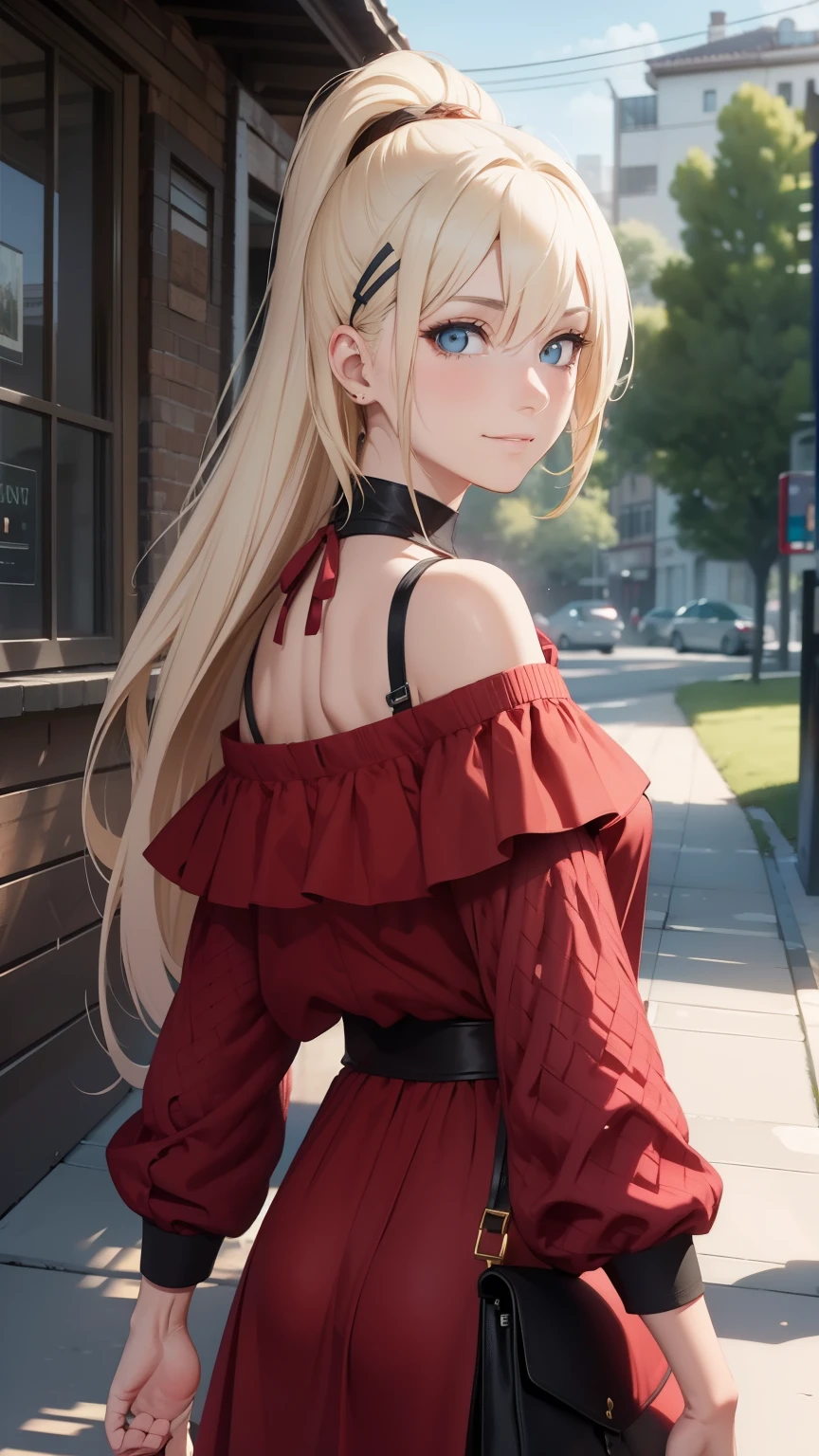 "Extremely detailed CG Unity 8K wallpapers,Ino yamanaka,photograph from behind, masterpiece,outdoors,charming,best picture quality,Volumetric light,Blonde,Face turned red,Smile,Off the shoulder dress,Bangs cover one eye,fat,looking at camera
