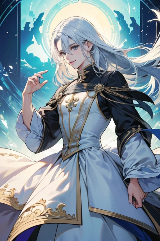 {(melhor qualidade, 8k, obra de arte, HDR, soft lighting, imagem perfeita, digital illustration, manhwa art, imagem hiper detalhada, Linhas perfeitas, realista)} 1 homem muito bonito, cabelo loiro curto, Olhos azuis oceano, roupas luxuosas (postura imponente, sorridente), {(fundo preto com brilhos dourados)}