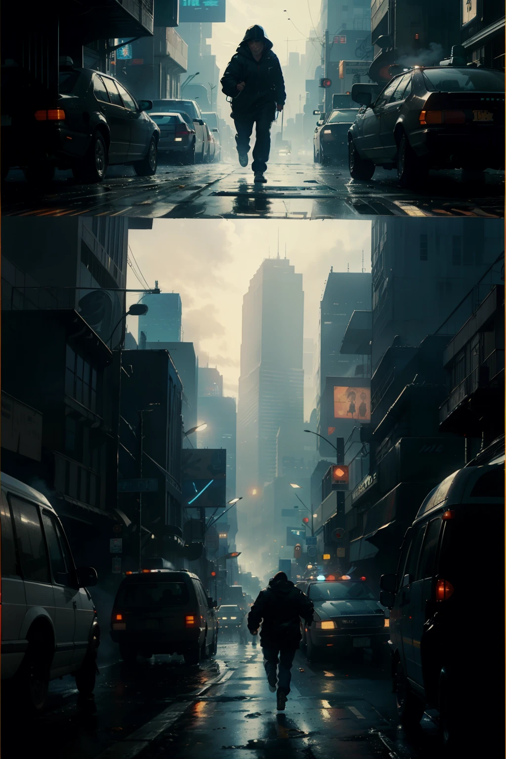 ((highest quality)), ((masterpiece)), (be familiar with), (High definition), (Accurate), (Realistic), (Cinematic), (Best Shadow), (Low contrast), (8K), Perfect Face, ((SYD MEAD style)), manga、mangaデザイン、Storyboard、Frame division、1 Female, (Replicant), (artificial human world), (On the run:1.2 )、Wearing a raincoat、Wearing a hood、Hollow Eyes、(Scramble crossing), Being chased by police、The car is jammed、congestion, congestion, Future City, NEO TOKYO, A.D.2051, (steam:1.2), It's raining white, evening, (The sky is orange), (Close-up of face)、Bust Shot
