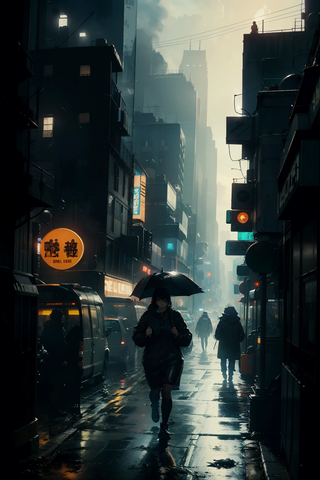 ((highest quality)), ((masterpiece)), (be familiar with), (High definition), (Accurate), (Realistic), (Cinematic), (Best Shadow), (Low contrast), (8K), Perfect Face, ((SYD MEAD style)), manga、mangaデザイン、Storyboard、Frame division、1 Female, (Replicant), (artificial human world), (On the run:1.2 )、Wearing a raincoat、Wearing a hood、Hollow Eyes、(Scramble crossing), Being chased by police、The car is jammed、congestion, congestion, Future City, NEO TOKYO, A.D.2051, (steam:1.2), It's raining white, evening, (The sky is orange), (Close-up of face)、Bust Shot