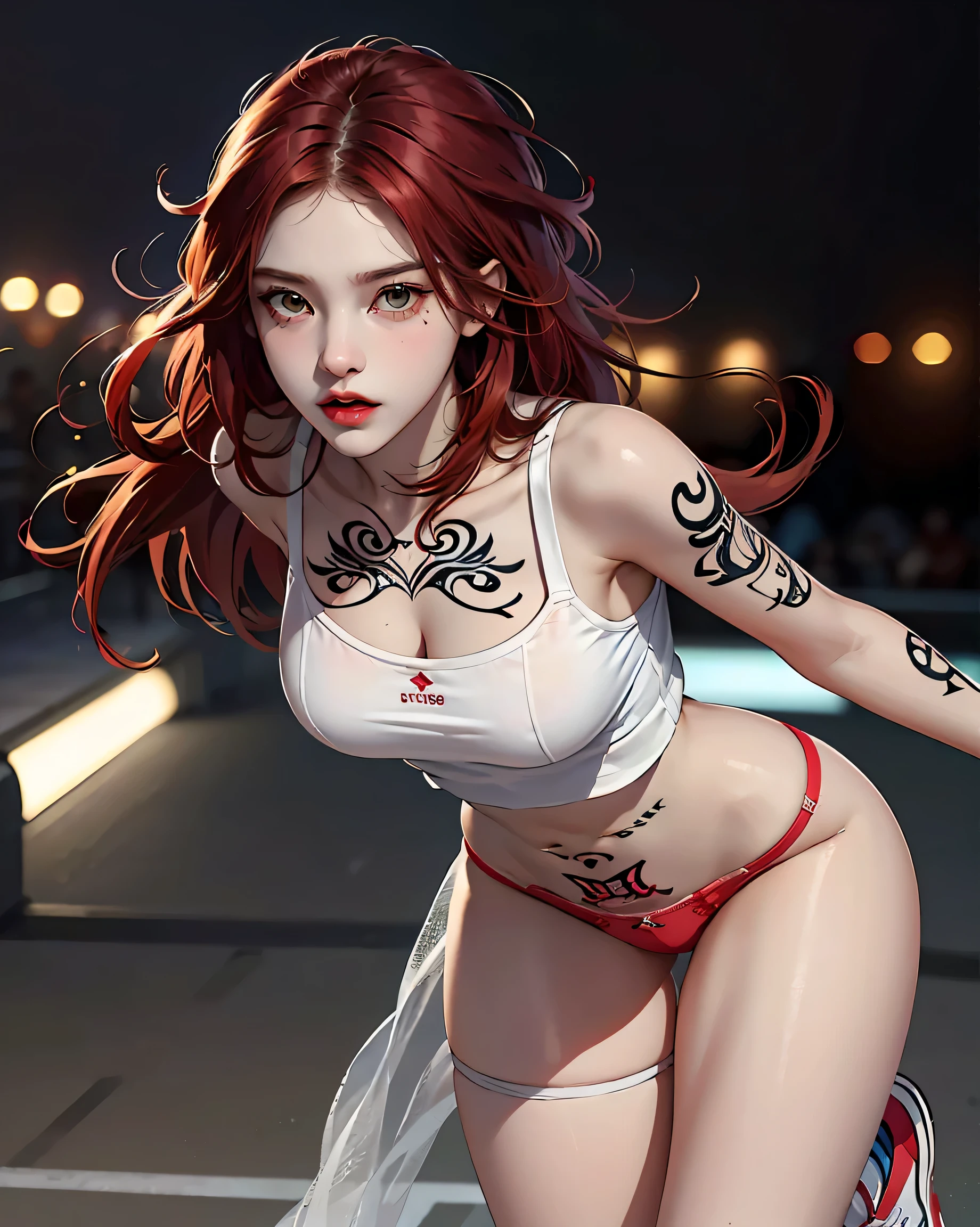 (Browsing Caution:0.7), Perfect Style, Beautiful Face, Highly detailed face and skin texture, (Maximum resolution: 1.2), 1 female,Hip Up, jewelry, (((He has many tattoos all over his body)), Streetwear, Play sports often, Red hair, Panties, sneakers, (((Tight waist))), ((Big Breasts)),(See-through)