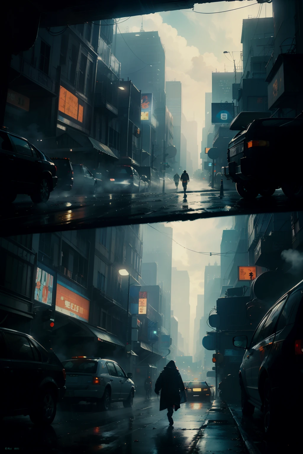 ((highest quality)), ((masterpiece)), (be familiar with), (High definition), (Accurate), (Realistic), (Cinematic), (Best Shadow), (Low contrast), (8K), Perfect Face, ((SYD MEAD style)), manga、mangaデザイン、Storyboard、Frame division、1 Female, (Replicant), (artificial human world), (On the run:1.2 )、Wearing a raincoat、Wearing a hood、Hollow Eyes、(Scramble crossing), Being chased by police、The car is jammed、congestion, congestion, Future City, NEO TOKYO, A.D.2051, (steam:1.2), It's raining white, evening, (The sky is orange), (Close-up of face)、Bust Shot