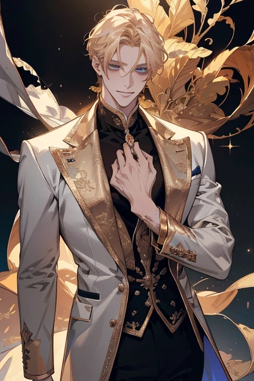 {(best quality, 8k, masterpiece, HDR, soft lighting, perfect image, digital illustration, manhwa art, hyper detailed image, perfect lines, realistic)} 1 very handsome man, short blonde hair, ocean blue eyes, luxurious clothes (imposing posture, smiling), {(black background with golden sparkles)}