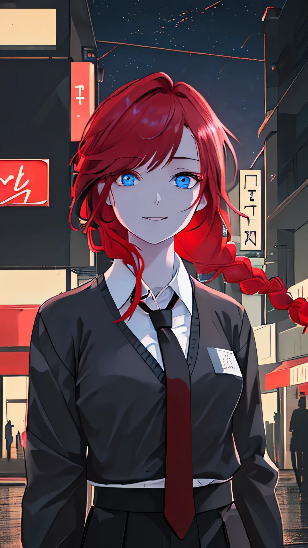 1girl, braided red hair, 1 braid, white collared shirt, black necktie, light smile, blue eyes, corneo_power,, buildings,shops,town streets, dark sky, scenery,neon signs,night city, japanese lyrics,, , absurdres, detailed eyes, extremely detailed, volumetric lighting, realistic, realistic lighting, 8k, cinematic lighting, depth of field, perfect, hyper-detailed, photorealistic, ultra realistic, realistic light, hard lighting, intricate details, stop motion, tonemapping, sharp focus, hyper detailed,