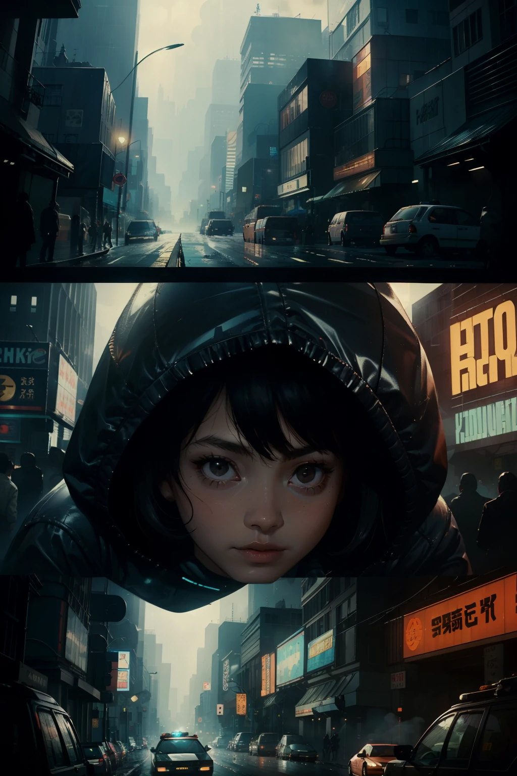 ((highest quality)), ((masterpiece)), (be familiar with), (High definition), (Accurate), (Realistic), (Cinematic), (Best Shadow), (Low contrast), (8K), Perfect Face, ((SYD MEAD style)), manga、mangaデザイン、Storyboard、Frame division、1 Female, (Replicant), (artificial human world), (On the run:1.2 )、Wearing a raincoat、Wearing a hood、Hollow Eyes、(Scramble crossing), Being chased by police、The car is jammed、congestion, congestion, Future City, NEO TOKYO, A.D.2051, (steam:1.2), It's raining white, evening, (The sky is orange), (Close-up of face)、Bust Shot