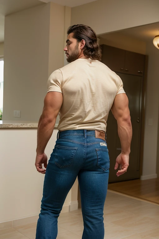 Amazing portrait of a man with short and messy wavy hair, bien afeitado, Anteojos, camisa fajada, pantalones blancos, full body, Big muscular body, Big butt, black jeans backside
