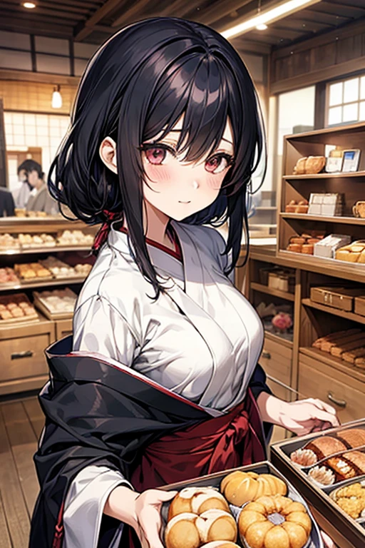 Enchanting anime girl, Naughty, Naughty anime style, Beautiful and attractive anime woman, Top rated on pixiv、beautiful girl、Japanese、Shortcuts、Smaller breasts、Black Hair、Lively、Japanese bakery、Bakery clerk