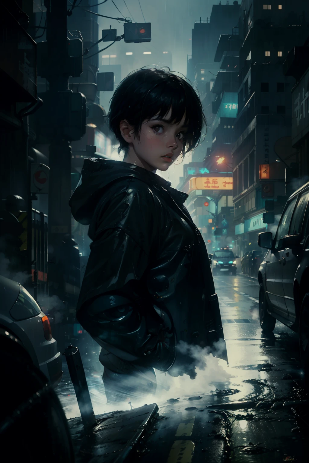 ((highest quality)), ((masterpiece)), (be familiar with), (High definition), (Accurate), (Realistic), (Cinematic), (Best Shadow), (Low contrast), (8K), Perfect Face, ((SYD MEAD style)), manga、mangaデザイン、Storyboard、Frame division、1 Female, Black Hair, short hair, (Replicant), (On the run:1.2 )、Wearing a hooded raincoat、Hollow Eyes、(Scramble crossing), Being chased by police、The car is jammed、congestion, congestion, Decadent Future City, NEO TOKYO, A.D.2051, (steam:1.2), It's raining white, evening, (Close-up of face)、Bust Shot