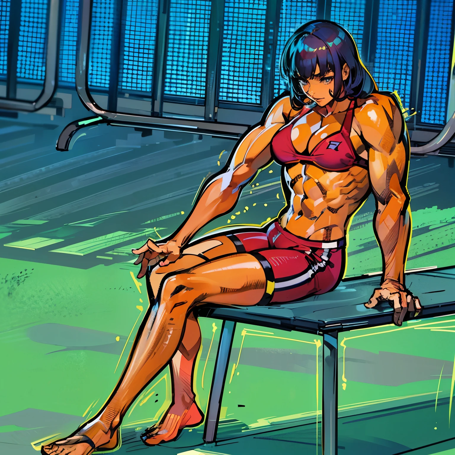 cartoon of a woman sitting on a bench in a gym, cell shaded adult animation, bodybuilder superhero bikini, muscular girl, cel shaded anime, sitting on top a table, chun li at the gym, most strongest pose, sitting on a table, rotoscoped, legs and arms, sitting dynamic pose, asuka as a surfer model, cel animation